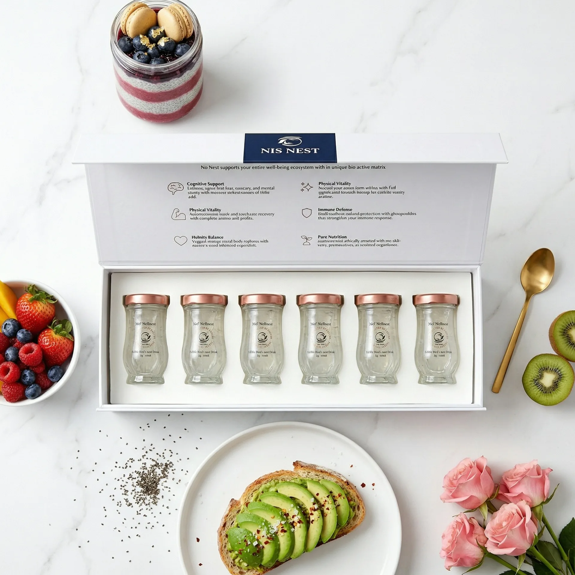 NIS NEST six-bottle wellness set with breakfast setting.
