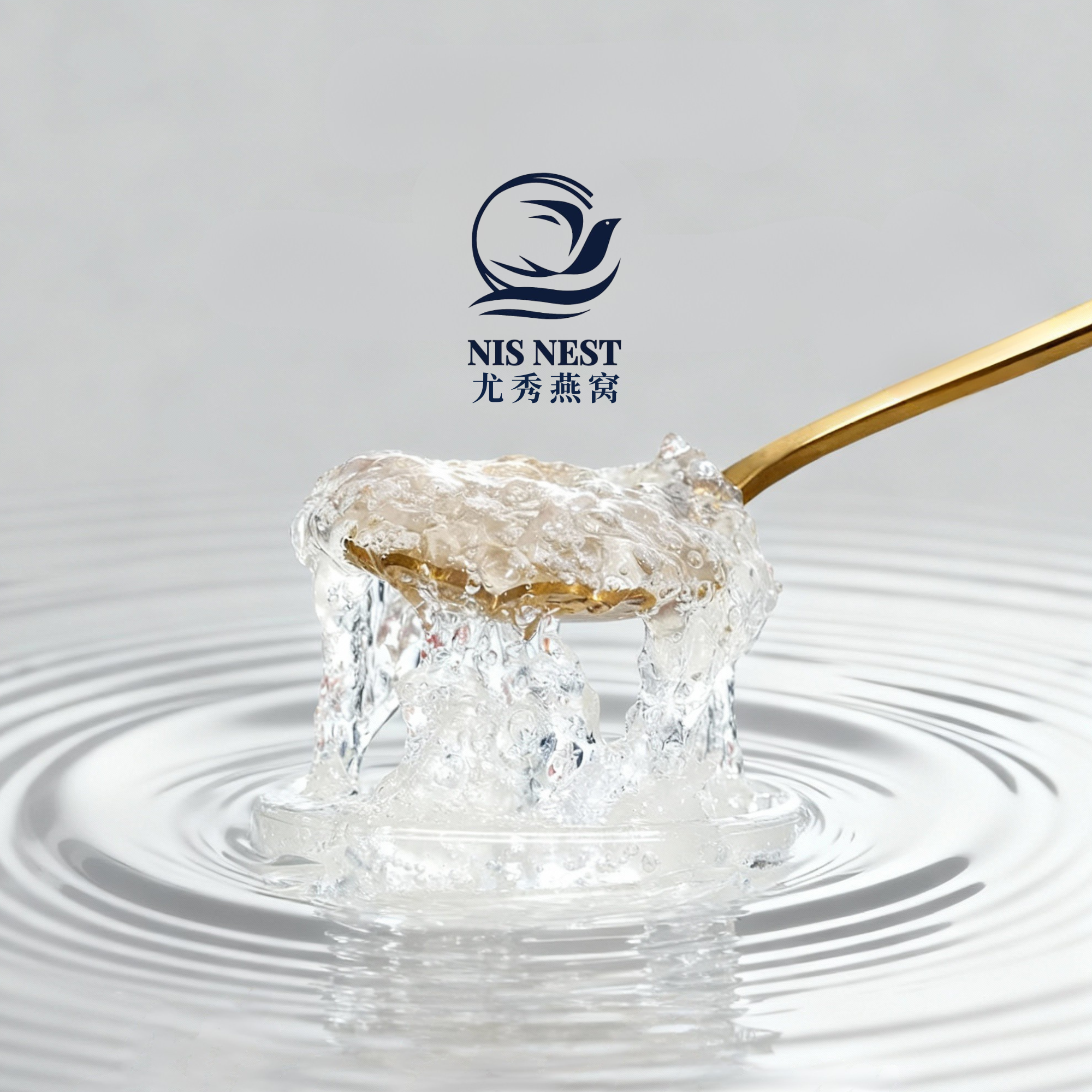 NIS NEST bird's nest essence on a gold spoon above clear water.