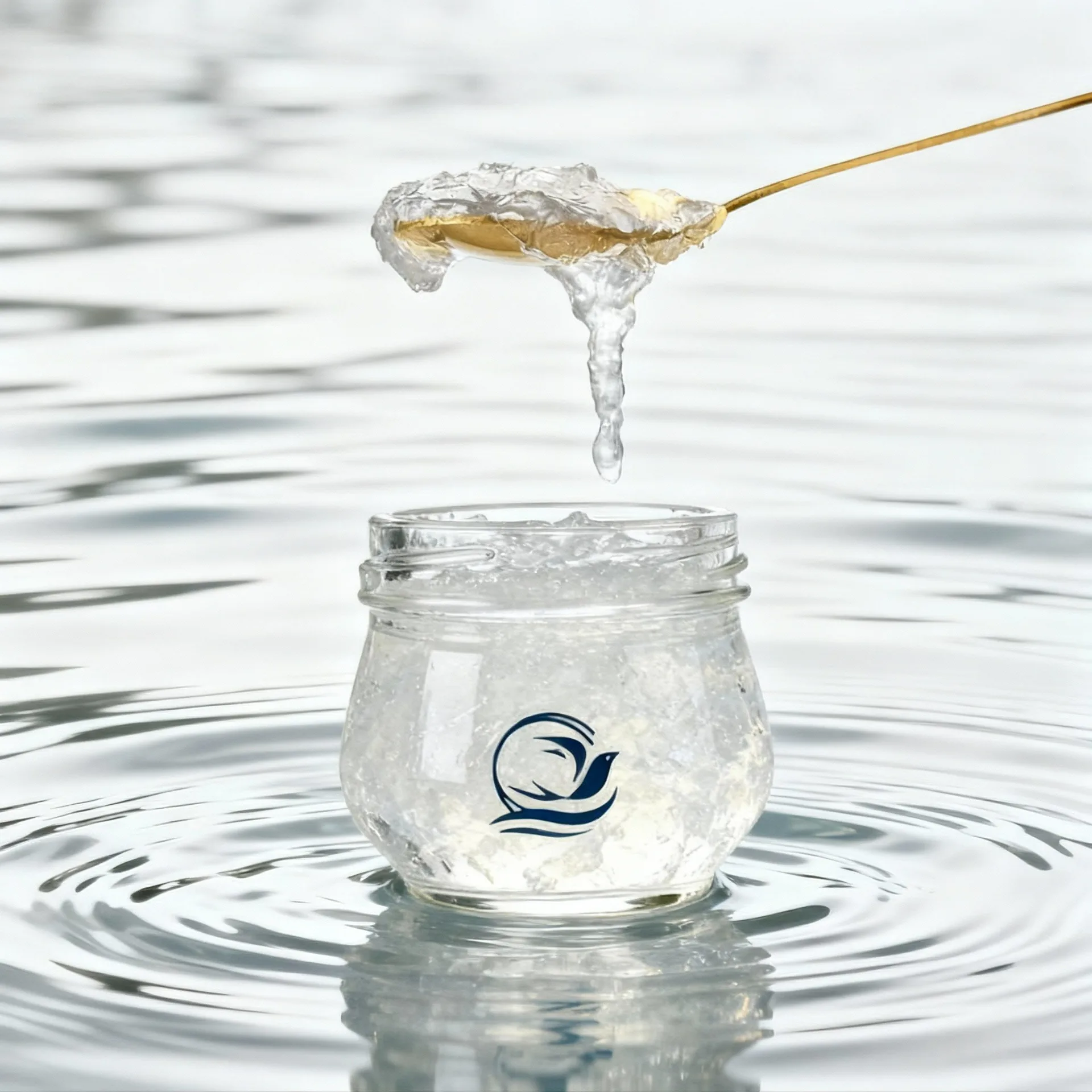 NIS NEST bird's nest spoon over a branded jar in rippling water.